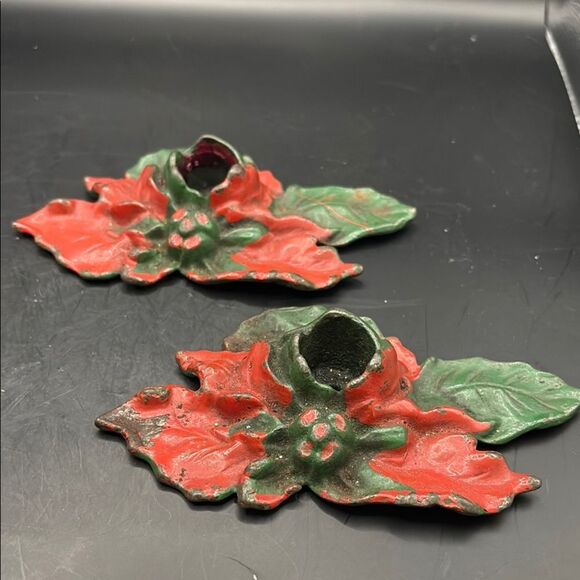 Vintage Cast Iron Poinsettia Candle Holders - Picture 1 of 4